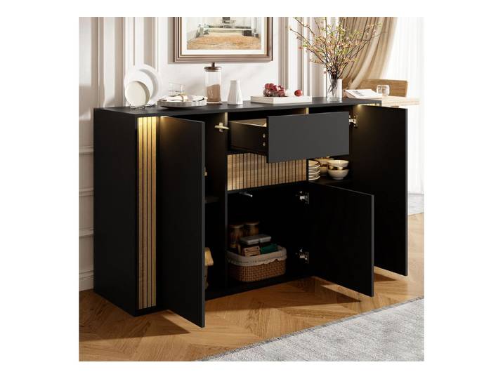 Celya Sideboard Kommode Wohnzimmerschrank, mit 3 Türen, 1 Schublade (140×40×82cm, mit verstellbarer LED-Beleuchtung)