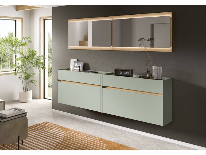 Garderoben-Set HOME AFFAIRE EVRID, 4-teilig, Breite 220 cm, inkl. Beleuchtung , grün (salbei nb, artisan oak nb), B:220cm H:192cm T:32cm, Holzwerkstoff, Kastenmöbel-Sets, Garderoben-Set, Garderobenkombination, Garderobe, Wandgarderobe, Flur, Diele