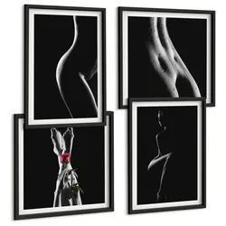 BILDER SET 4er Set - 50x50 cm & 40x60 cm Schwarzer Rahmen - Schwarze und weiße weibliche Formen