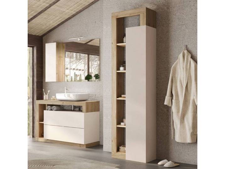 Ensemble meuble vasque 92cm + colonne Cachemire et aspect bois Cadiz - ARTURO