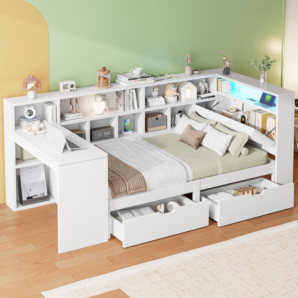 L-förmiges Holz-Plattformbett mit Schreibtisch, Bücherregal, Schubladen & LED-Kopfteil, gepolstertes Kopfteil, Weiß, 90x200cm