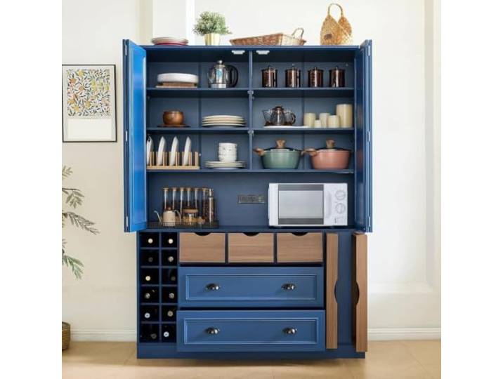 twwhyg Moderner großer Küchenschrank mit 6 Türen, Holzschrank(Blue-fold D)