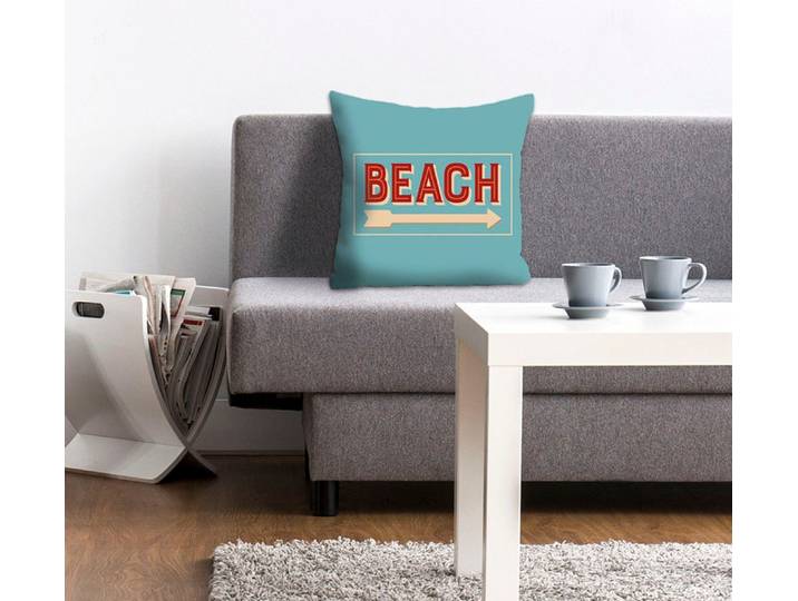 Dekokissen QUEENCE Celine , blau (blau, bedruckt), B:40cm L:40cm, Polyester, Dekokissen_Sitzkissen_Kissenhüllen, Dekokissen, mit Schriftzug Beach, Kissenhülle ohne Füllung, 1 Stück