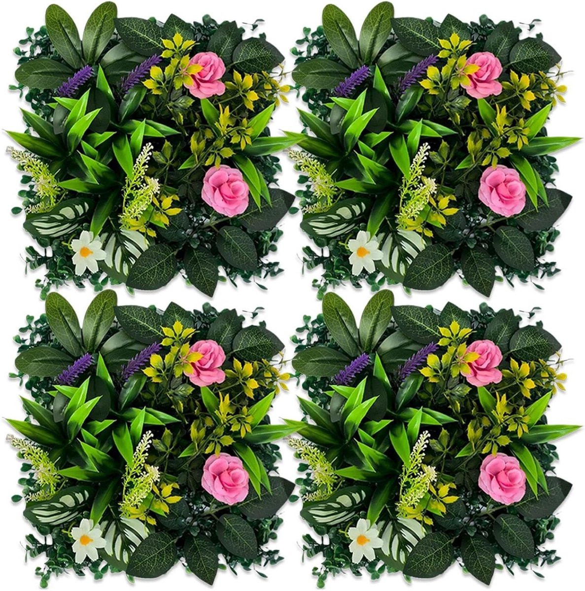 Set van 4 onderhoudsvrije kunstplanten wandpanelen voor groene decoratie, 25 cm, meerkleurig