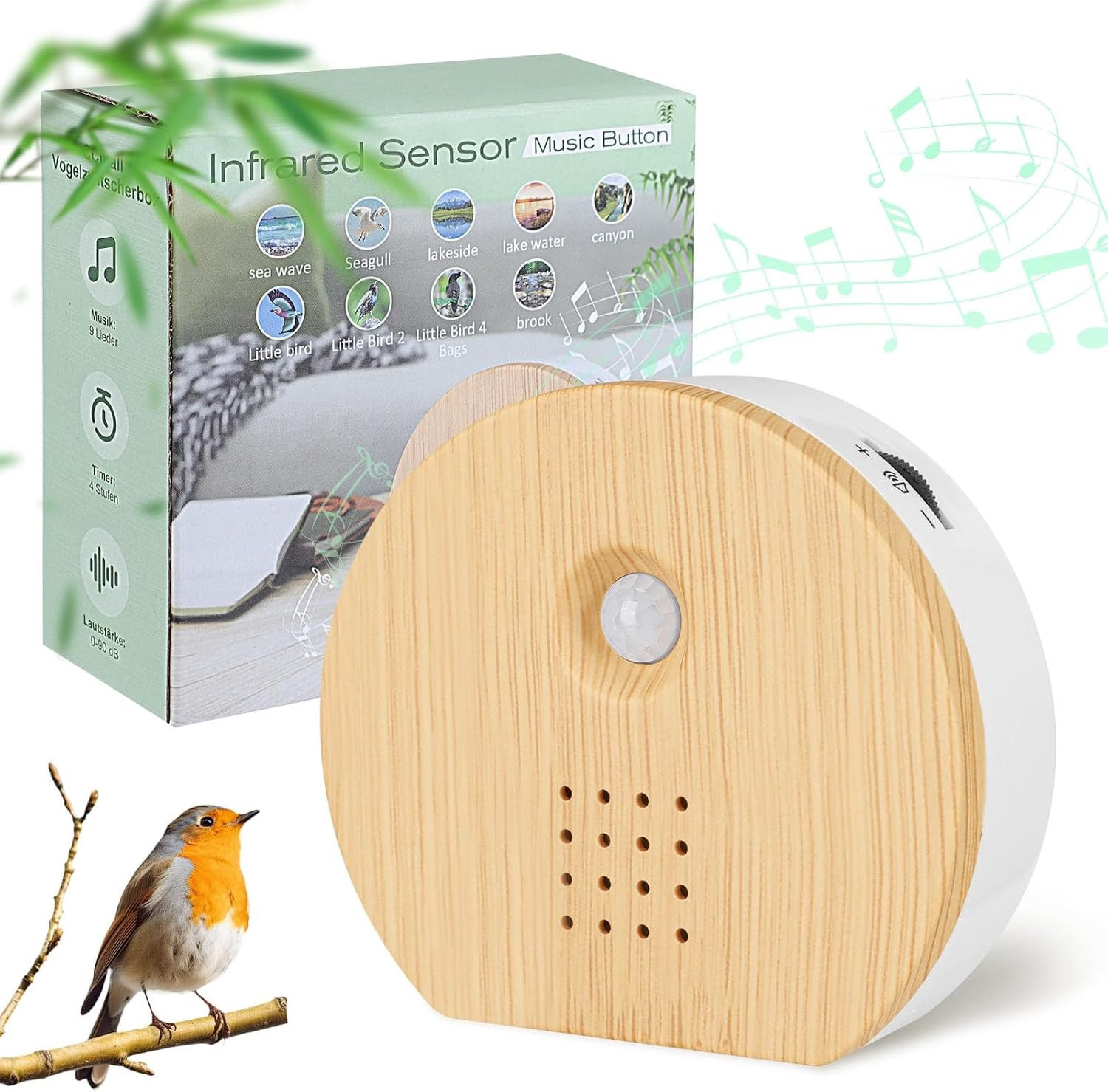 Bird Box Original White Noise Nature Sound Box met bewegingsmelder en timer, 9 natuurlijke vogelgeluiden voor ontspanning en geluidstherapie