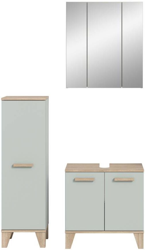 Pharao24.de Badezimmermöbel Set Badmöbel Komplettset Salbeigrün mit Holzoptik Matt mit Spiegelschrank (dreiteilig)