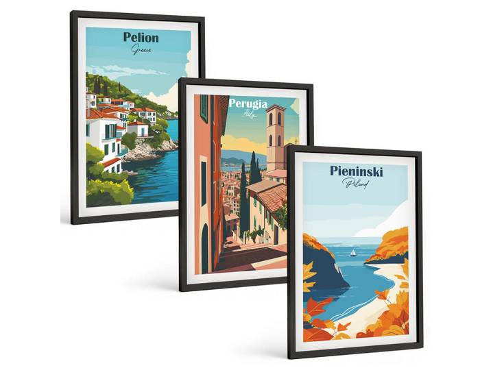 Tulup Bilder SET 3er Set - 40x60 cm Schwarzer Rahmen - Malerische Retro-Landschaften, Kunststoff, Rechteckig, 40x60 cm, einfache und schnelle Anbringung, Bilder & Rahmen, Bilder