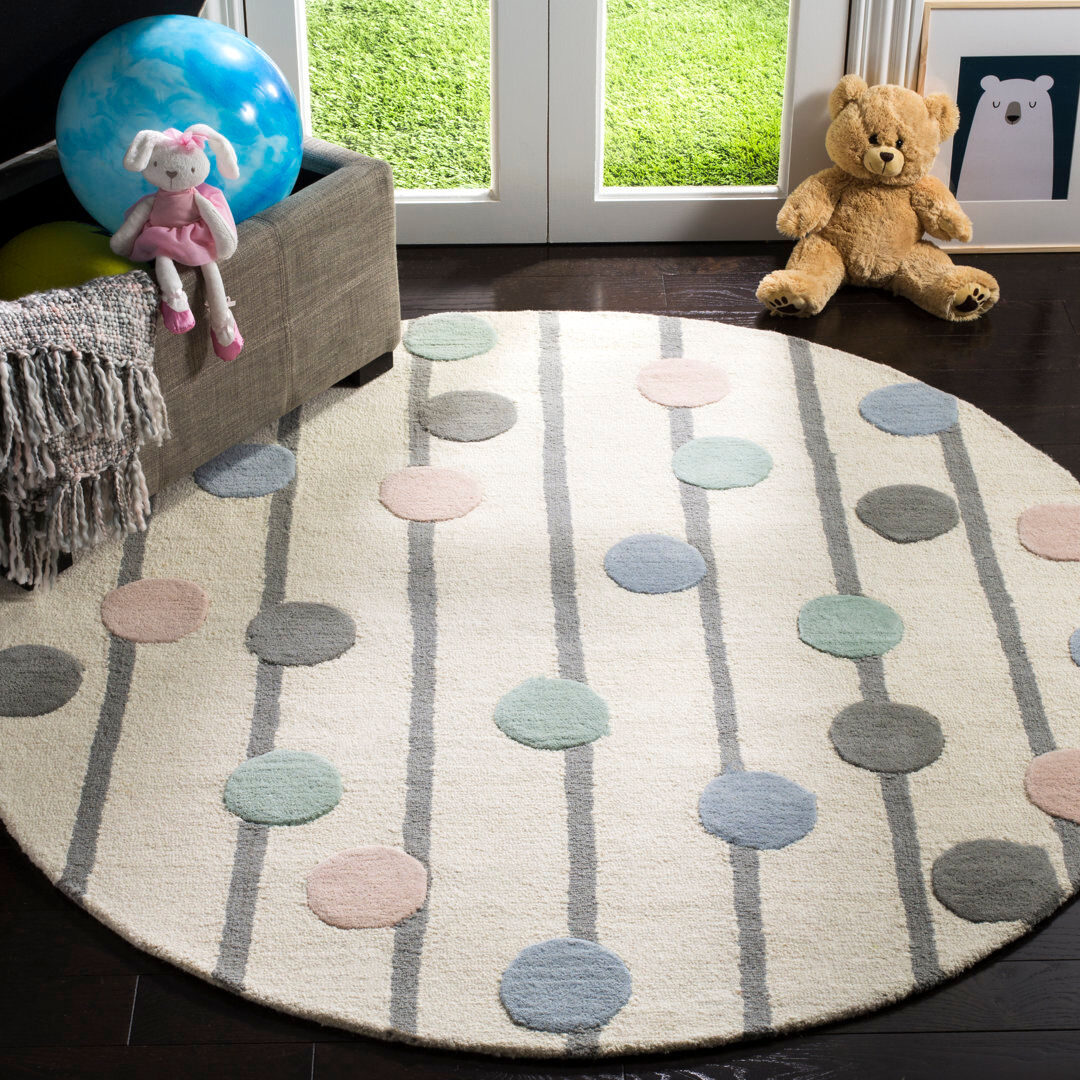 Ebern Designs Wool Hand Tufted Area Rug Ivory / Multi Round 152 cm