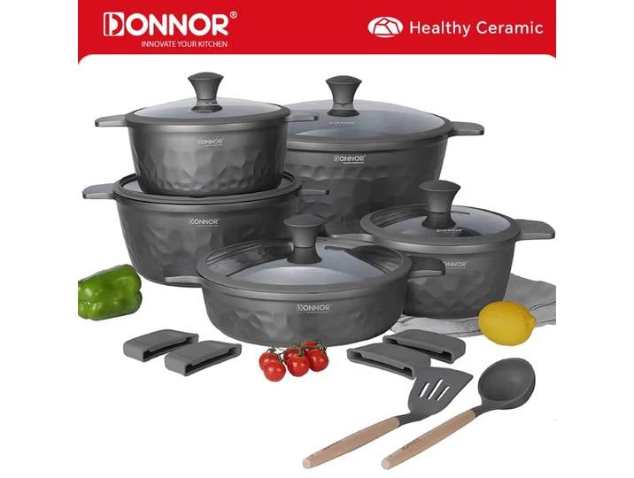 DONNOR 16 pièces marmite avec couvercle cuisine Induction batterie de cuisine ensemble polyvalent Stock Pot pour ragoût mijoter marmite à soupe JT450