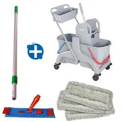 Reinigungswagen Set Bayersan Luck 50 cm mit Korb Doppelfahrwagen 2x18 L, Mopphalter, Möppe, Telestiel, Korb