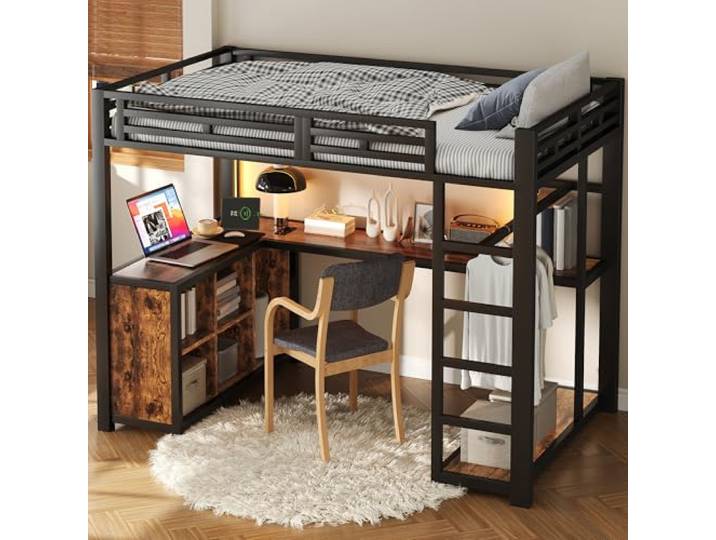 FAVSH Metall-Hochbett 140x200cm, Etagenbett mit Schreibtisch & LED, Metallbett Loftbett mit Ladestation (USB/Steckdose), Platzsparendes Jugendbett mit Regal & Kleiderstange Bettgestell, Schwarz
