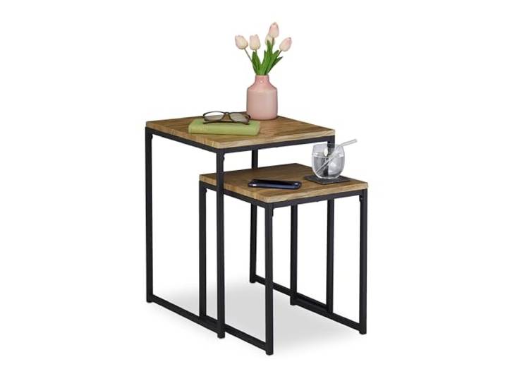 Relaxdays Beistelltisch 2er Set, quadratisch, Metall, Holzoptik/schwarz