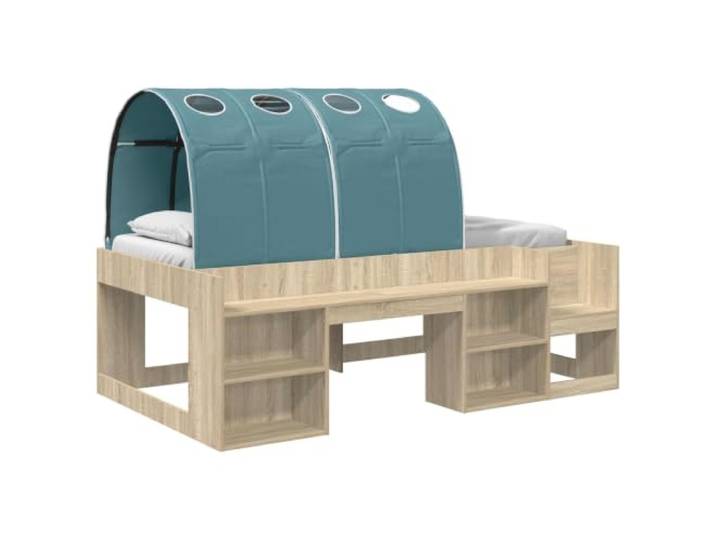 PUGYNBK Loft Bett mit Tunnel und Regal, 3-teilig, Sonoma-Eiche und Hellblau Aufwändiges Holz, Lattenrost, Funktionsleiter, platzsparend in kleinen Schlafzimmern