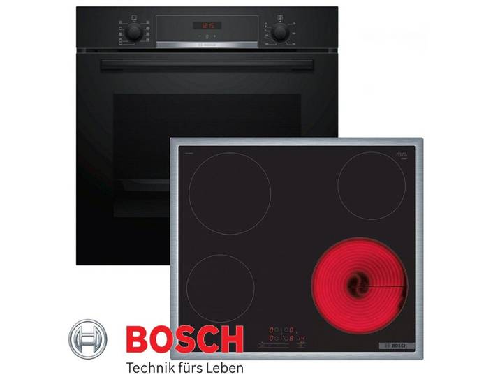 BOSCH Elektro-Herd-Set Bosch Serie 4 Herd Backofen Schwarz 3D + Glaskeramik Kochfeld Rahmen, mit 1-fach-Teleskopauszug, Katalyse- Rückwand
