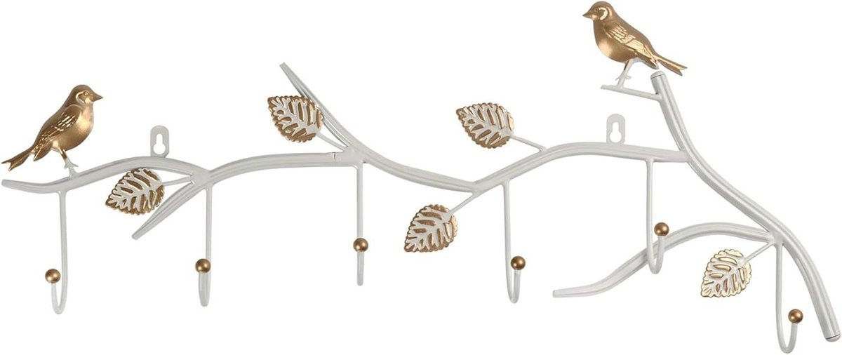 Vintage Wandkapstok met 6 Haken in Vogel en Blad Design
