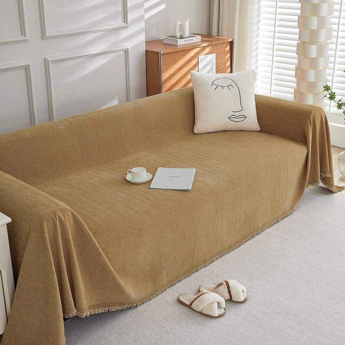 Bruine antislip visgraat bankovertrek deken meubelbeschermer voor volwassenen - 180 x 340 cm