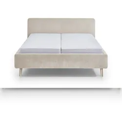 Meise Möbel Polsterbett Mattis 160x200 cm | Doppelbett | Bettgestell | skandinavisches Kopfteil | Strukturstoff Beige | Holzfuß sandfarbig