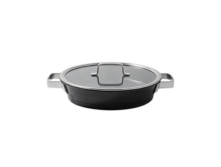 Johann Lafer Edelstahl Servierpfanne 28 cm mit Glasdeckel – Antihaftpfanne, PFAS-frei, kratzfest, energiesparender Kapselboden, gleichmäßige Wärmeverteilung, Induktion geeignet, backofenfest