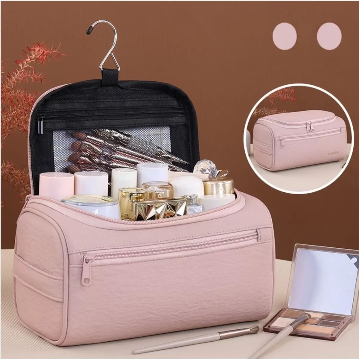 INF Hängende multifunktionale Kulturtasche — Tragbarer Polyester-Reise-Make-up-Organizer mit großem Fassungsvermögen, mehreren Rosa