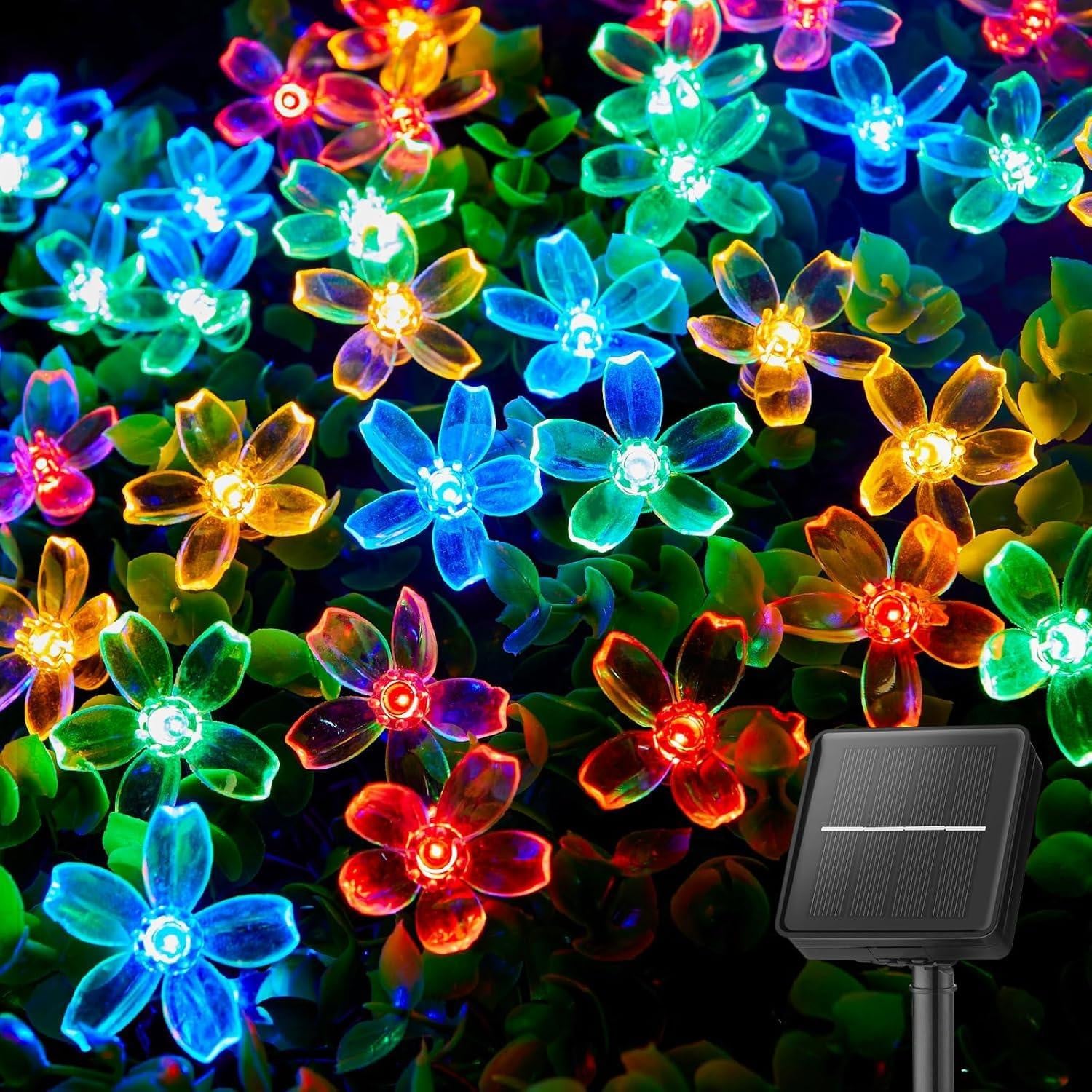 Dripio Zonne-energie lichtslinger met 50 LED's en bloemenmotief, 7 meter, waterdicht, 8 lichtmodi
