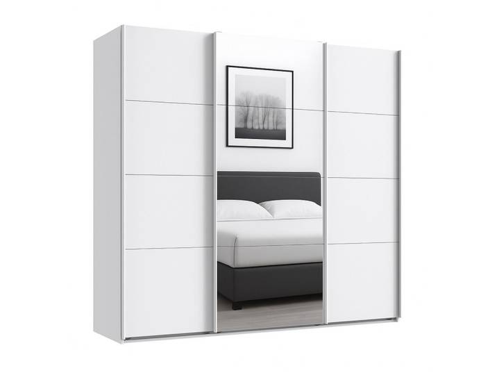 SCHWEBETÜRENSCHRANK 3-türig B225/H208/T64 cm in Weiß, Kleiderschrank mit einer Spiegeltür / 22518