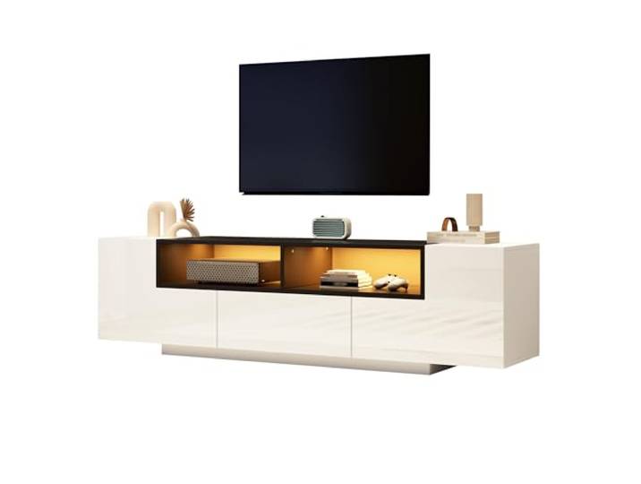 QQJIN TV Lowboard Stehend 180cm, Weiß Hochglanz Fernsehschrank mit LED App-Steuerung für 75 Zoll, Tv Schrank Holzoptik mit 2 L-förmigen Schränken,O