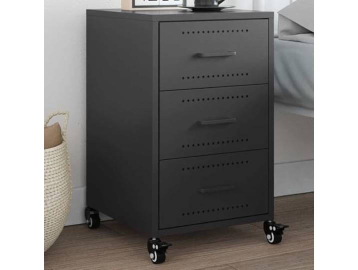 HEFZGDB Nachttisch Schwarz 36x39x59 cm Stahl Gestell mit 4 Rollen und 3 Griffen, Stauraum für Bücher und Fernbedienungen, pflegeleicht und flexibel verschiebbar, kaltgewalzter Stahl,