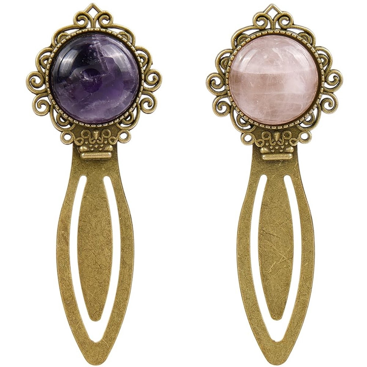 Dailygoods Dailygoody Vintage Bladwijzers - Rozenkwarts en Amethist met Antiek Brons