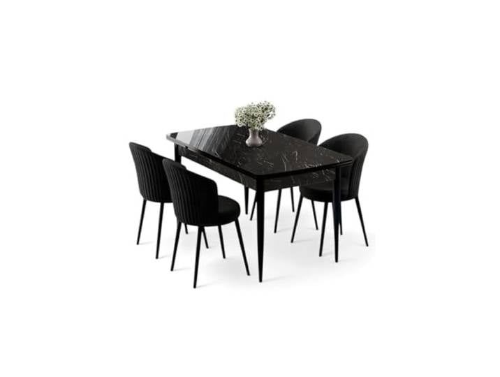 Hanah Home Modern Extendable Dining Table & Chairs Set (5 Pieces), Black Marble & Black, 130-174 cm 100% MDF, Metal Legs, Stylish & Functional