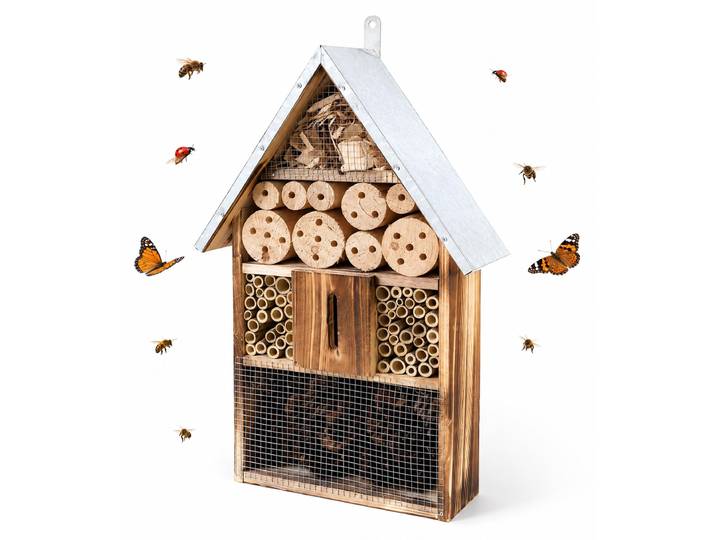 Relaxdays Insektenhotel, Holz, wetterfestes Metalldach, HxBxT: 48 x 31 x 10 cm, Insektenhaus zum Aufhängen, geflammt