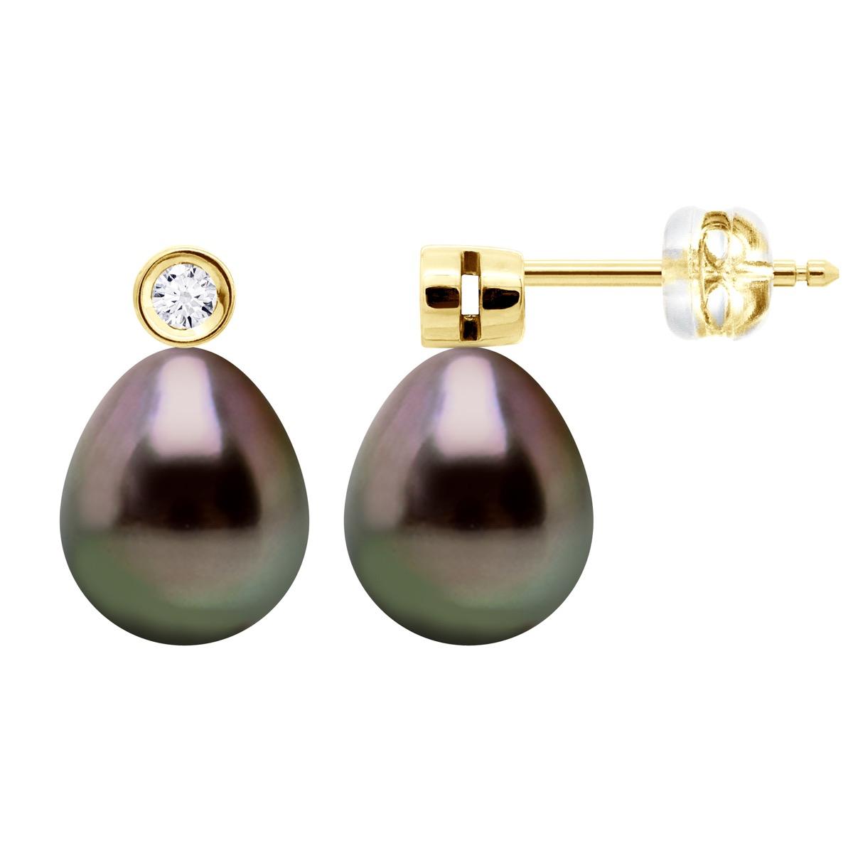 Oorbellen Prestige - Diamanten 0,02 ct - Geel goud - Echte gekweekte Tahiti parels Paar 9-10 mm