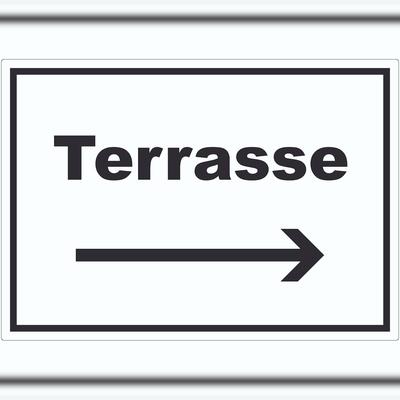 HB-Druck Terrasse Aufkleber mit Text und Richtungspfeil rechts waagerecht A7 (74x105mm)