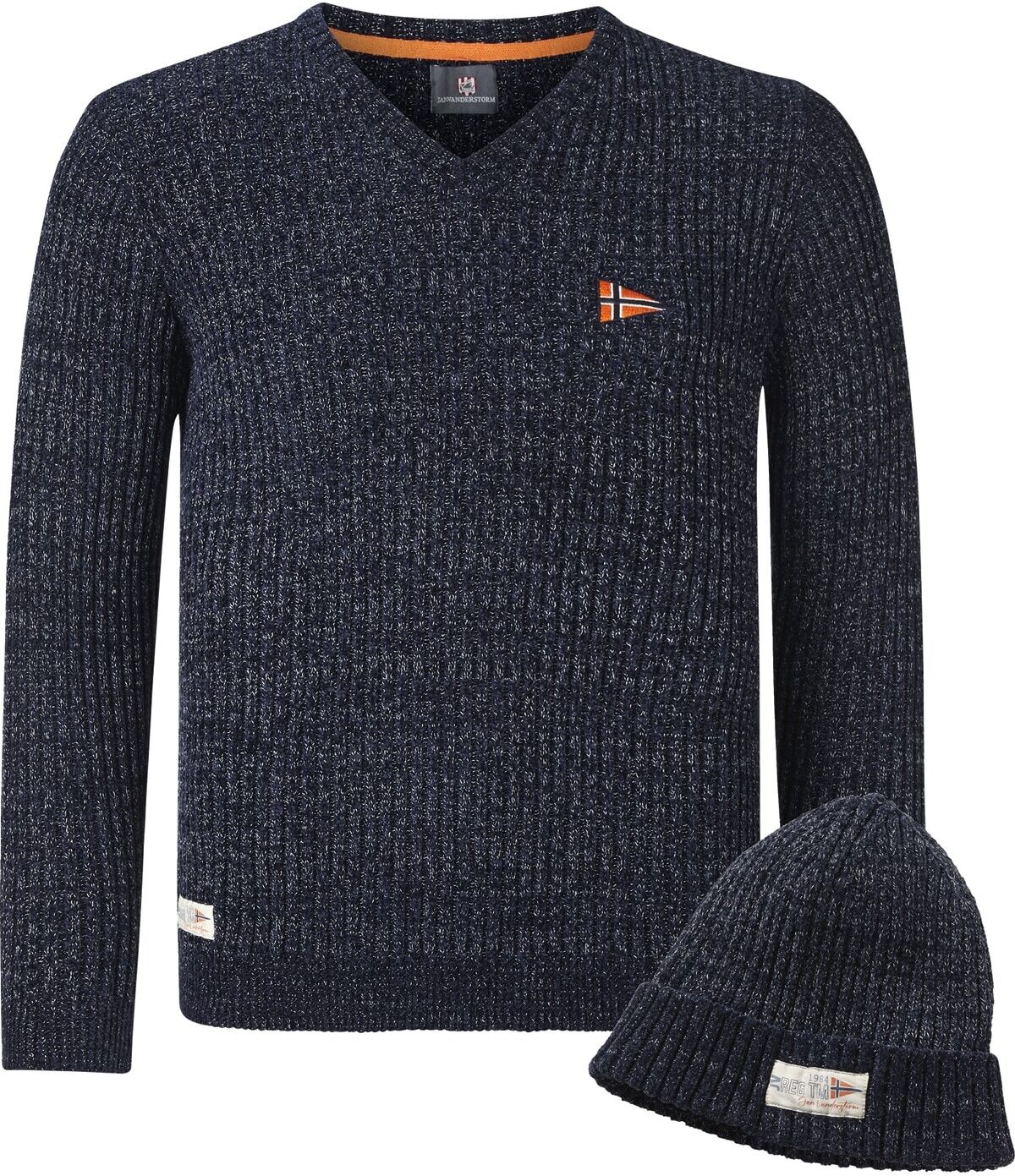 Rundhalspullover JAN VANDERSTORM "Pullover mit Mütze RONAI", Herren, Gr. 5XL, rot (dunkelblau melange), Obermaterial: 84% Polyester COOLMAX PES(Coolmax). 16% Baumwolle CO., Pullover Rundhalspullover