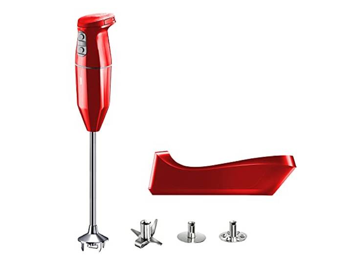 bamix Stabmixer Set cordless PRO kabellos, extra lange Achse, inkl. Messer, Quirl, Schlagscheibe aus Edelstahl, 250 Watt, 3-Stufen, Made in Switzerland, Rot