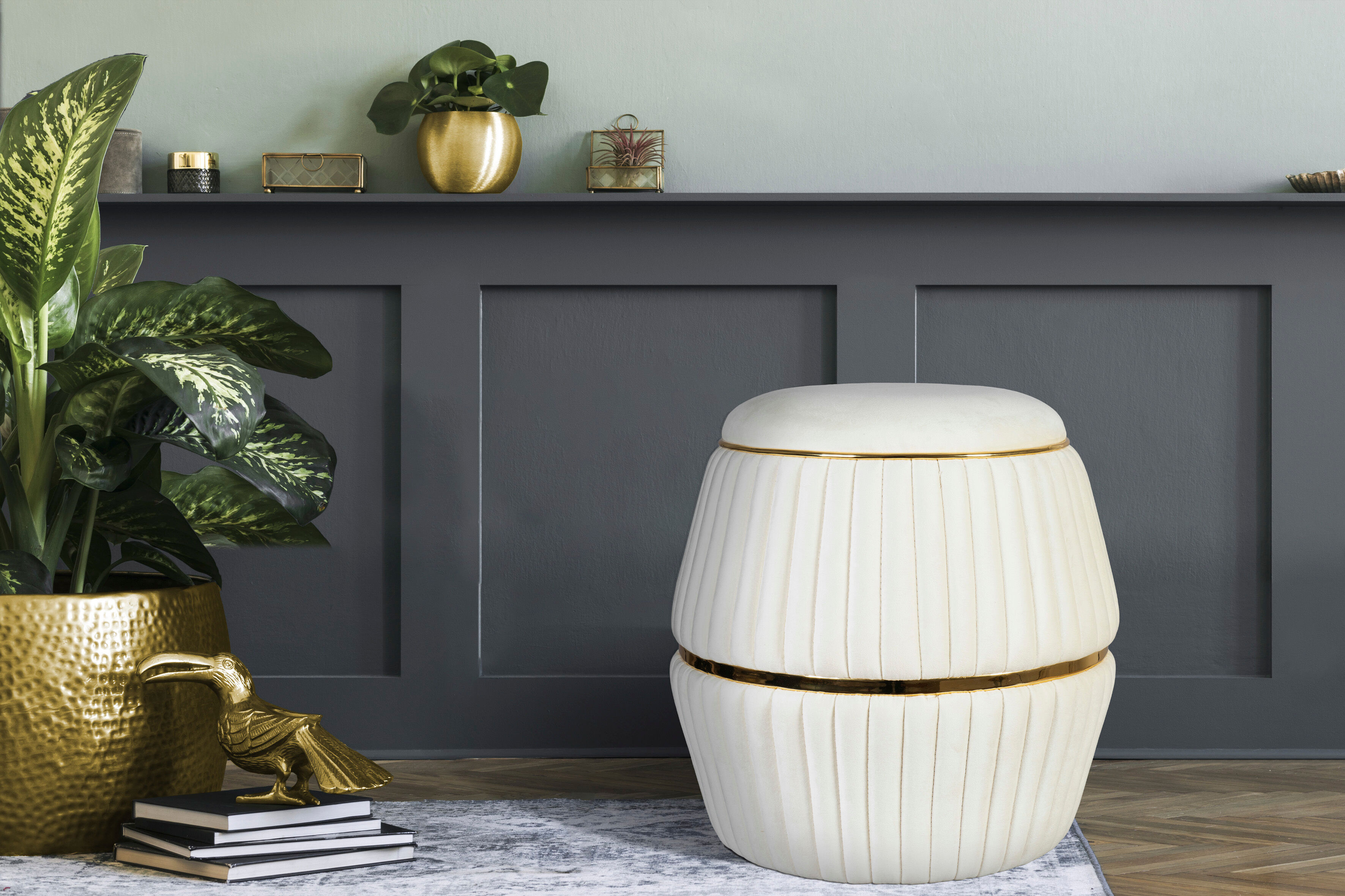 Sitzhocker KAYOOM "Hocker Doric, trendiger Look, ästhetische Farbgebung, schöne Steppung", weiss (elfenbein, gold), B:51,5cm H:53cm T:51,5cm, Bezug: 50% Baumwolle 50% Acryl / Korpus: Pappelholz, Hocker, Sitzhocker, komfortabel, hochqualitativ, pflegeleich