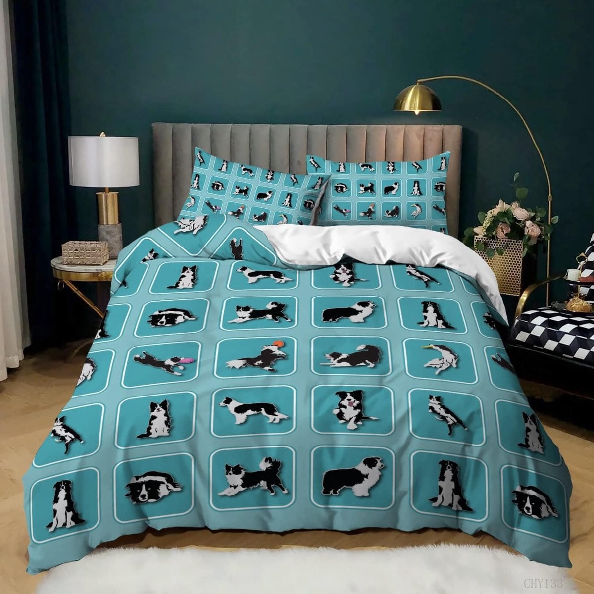 Dekbedovertrek Set met Border Collie Print in Blauw, 200x200 cm