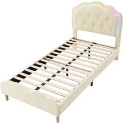 OKWISH Polsterbett aus PU in Beige, 90x200 cm, wellenförmiges Kopfteil mit LED-Lichtstreifen