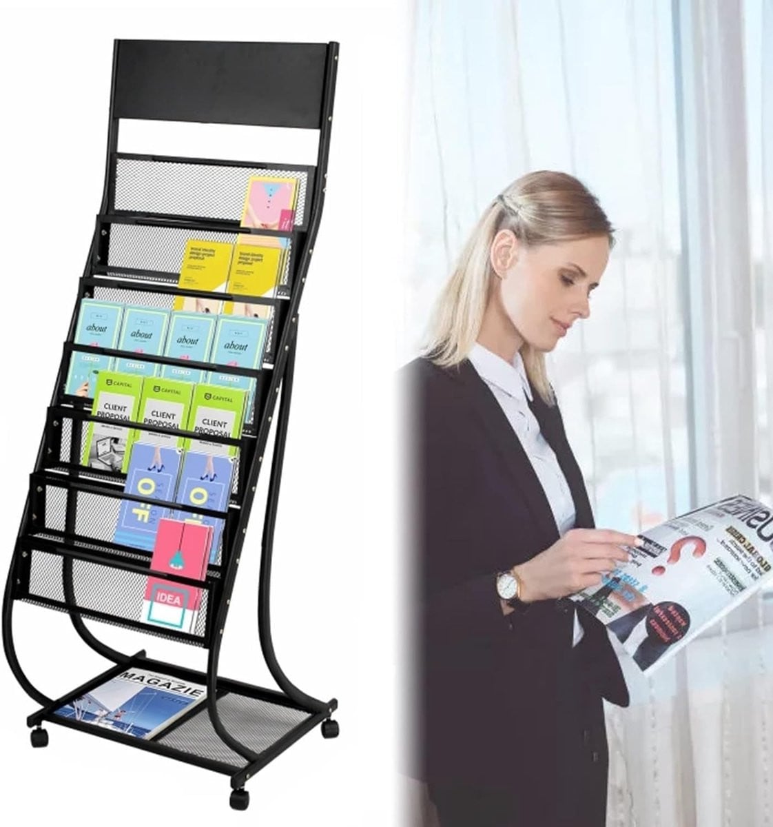 Zwarte staande tijdschriftenhouder met wielen, Hoogte: 135 cm