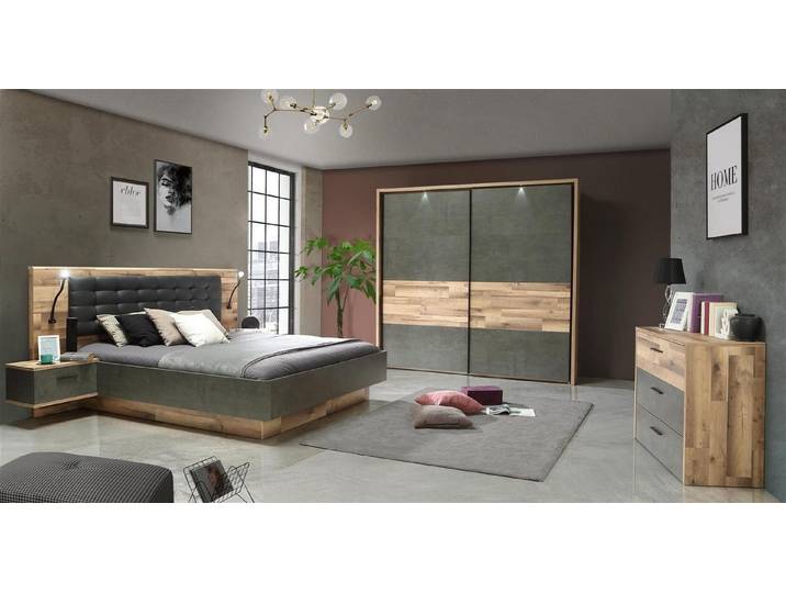 möbelando Schlafzimmer-Set Rhodos, 4-St, Stabeiche, mit LED-Beleuchtung, 180x200 cm, in Weiß