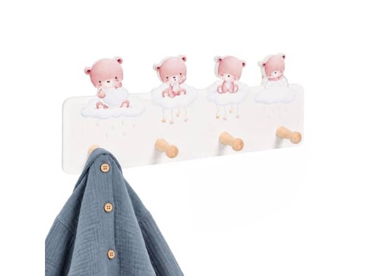 Relaxdays Porte-Manteau Enfant 4 Crochets\, Gris/Marron motif oursons nuages\, MDF pin\, 15x38x5\,5cm