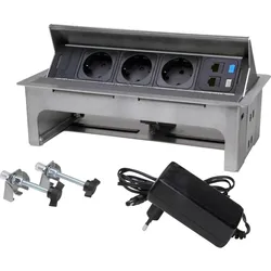 Kopp 939673014 VersaNET, Einbaumodul mit 3 Schutzkontaktsteckdosen und 2 RJ45-Ports, Farbe: edelstahl gebürstet