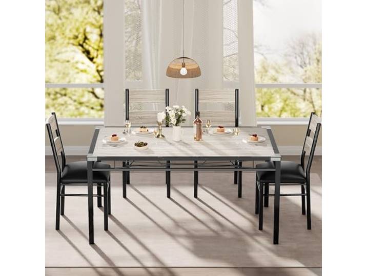 GarveeMore Essgruppe Für 4 Personen Mit Eckenschutz, Esszimmer-Set Für 4 Personen Mit Gepolsterten Stühlen, Küchenmöbel-Set Aus Holz (4er-Set), Für Küche Und Wohnung, Grau
