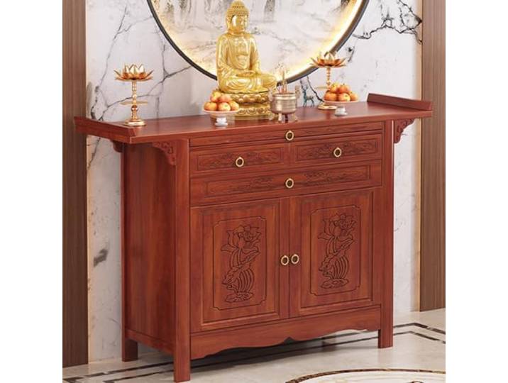 Opfertisch aus Massivholz mit Schubladen und Schrank, buddhistisch Detaillierte Lotus‑Schnitzereien, praktischer Stauraum sowie hochgezogene Tischränder für Statuen und Opfergaben