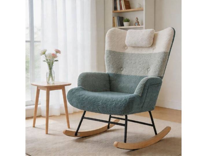 Fauteuil à bascule - Patchwork bouclé rayé multicolore - Dossier haut ergonomique - Avec tabouret - Structure métal