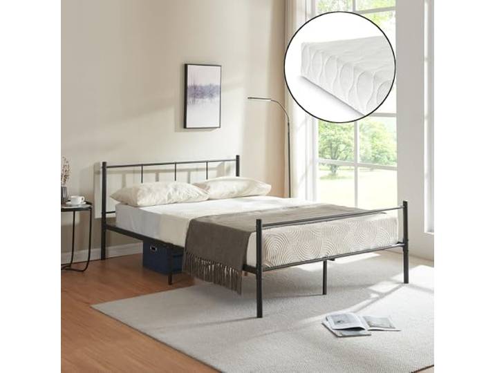 [en.casa] Metallbett mit Matratze Laos Stahlbett Gästebett Schlafzimmerbett Stahlramen mit Kaltschaummatratze 140x200 cm Schwarz
