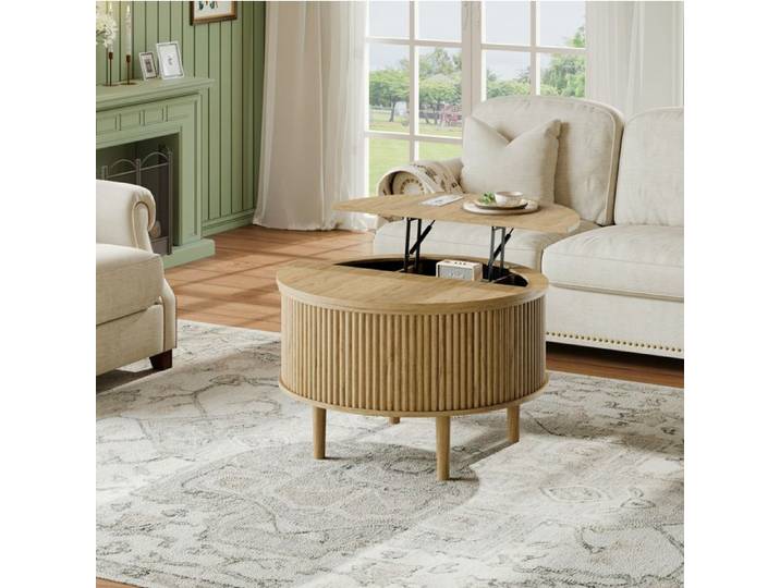 ELVORIN Table basse ronde relevable 80 x 80 x 50 cm rangement dissimulé coloris naturel