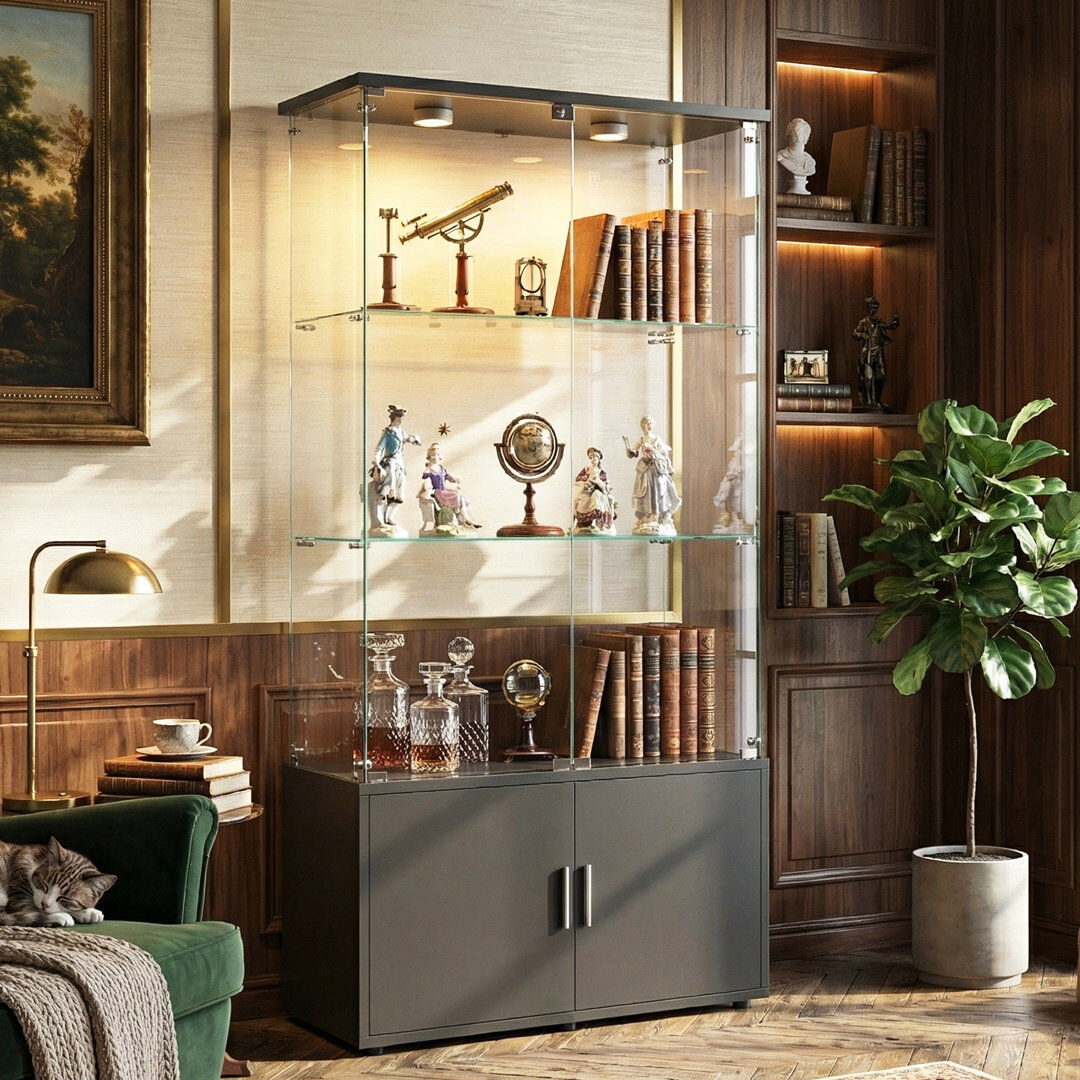17 Stories 3-Tier Double Door Glass Display Cabinet with Bottom Storage Cupboard & LED Puck Lights, Tall Curio Cabinet, Black / White Black 164cm H X 78.5cm W X 35cm D