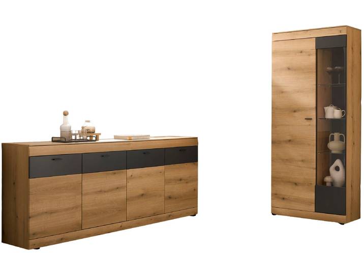 Wohnwand HOME AFFAIRE Soleto, zeitlose Anbauwand, Komplettset im modernen Stil , braun (eiche evoke), Kastenmöbel-Sets, Wohnwand, enthält Vitrine und Sideboard