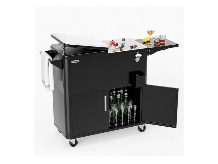 VINGLI Trolley-Kühlbox 76L Kühlwagen mit Rollen, Getränkekühler mit Flaschenöffner, Flaschenöffner, Ablauf & Rollen, für Partys, 78 x 39 x 84 cm, Schwarz