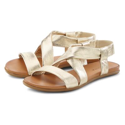 Sandale LASCANA "Sommerschuh", Damen, Gr. 38, gold (goldfarben), Obermaterial: 100% Rindsleder. Decksohle: 100% Rindsleder. Laufsohle: 100% Synthetik, unifarben, Basic, Schuhe Sandale, aus Leder mit raffinierten Riemchen, Sandalette, Sommerschuh